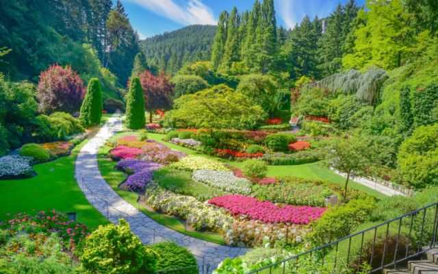 A Garden With Flowers And Trees With Butchart Gardens In The Background